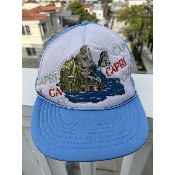 Vintage Capri blue trucker mesh hat Italian 80s Mediterranean graphic *defects - Picture 2 of 11